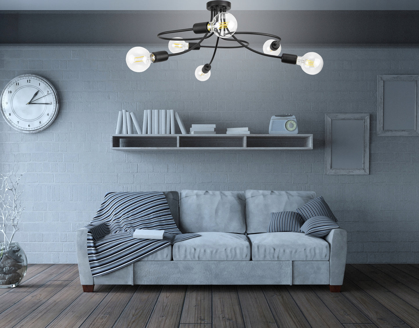 Schwarze Deckenlampe mit 6-Fl E27 Gewinde, 230V, 60W max. Wohnzimmer Loft Stil.