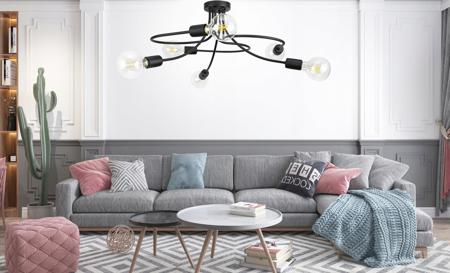 Schwarze Deckenlampe mit 6-Fl E27 Gewinde, 230V, 60W max. Wohnzimmer Loft Stil.
