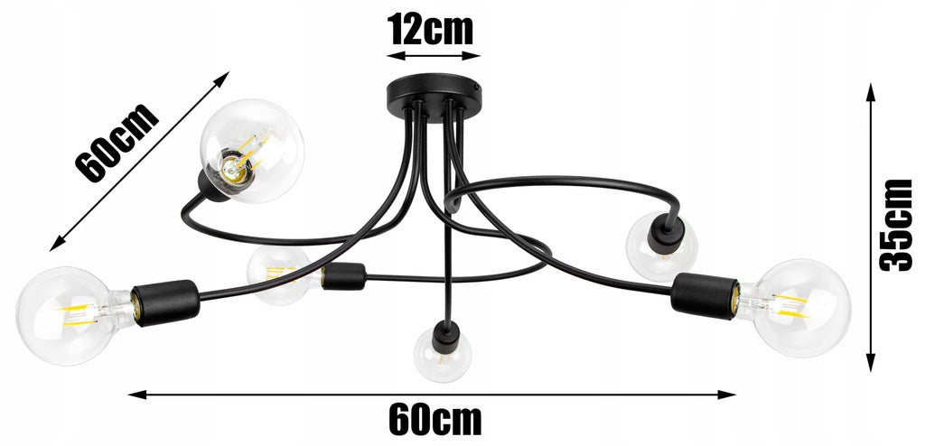 Schwarze Deckenlampe mit 6-Fl E27 Gewinde, 230V, 60W max. Wohnzimmer Loft Stil.