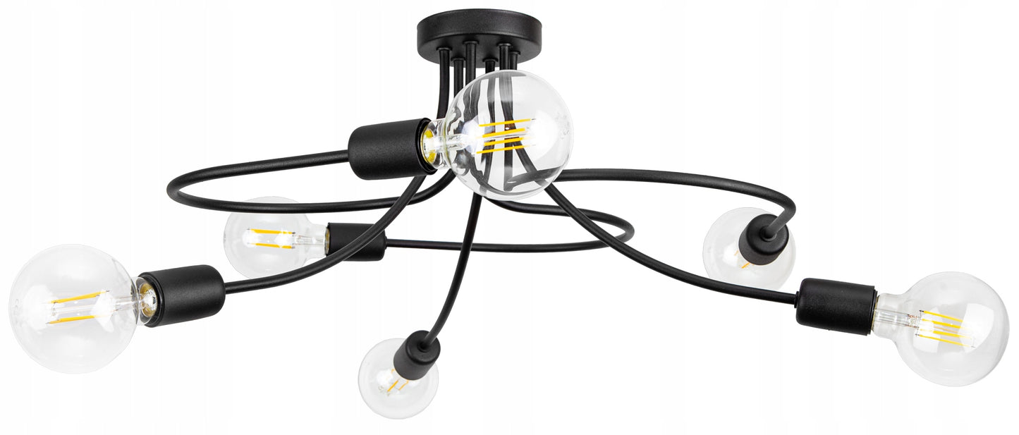 Schwarze Deckenlampe mit 6-Fl E27 Gewinde, 230V, 60W max. Wohnzimmer Loft Stil.